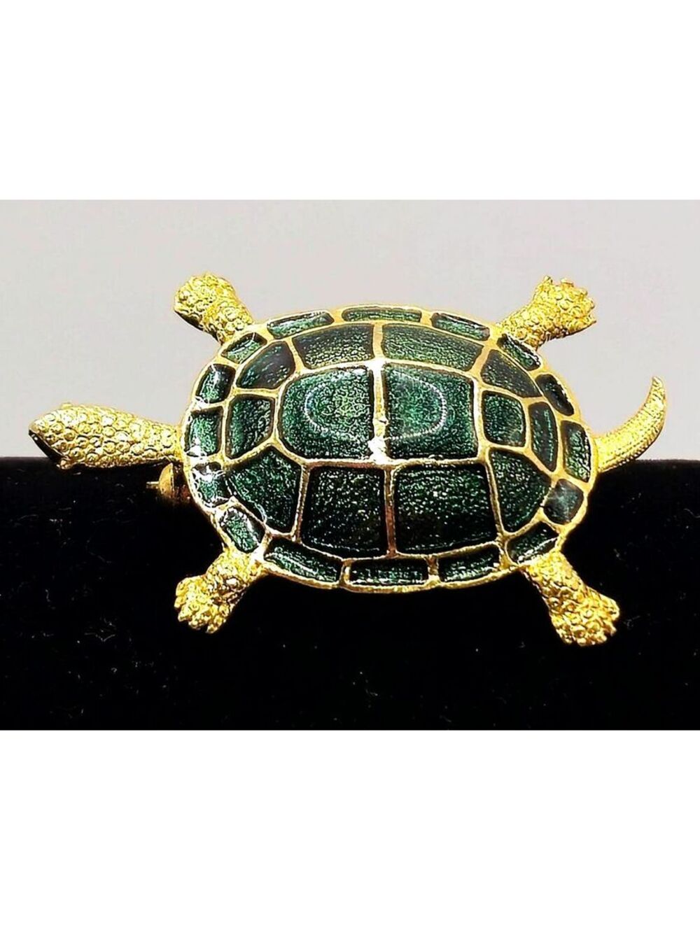 Vintage Gold Tone Green Enamel Turtle Brooch Pin Textured Tortoise Figural